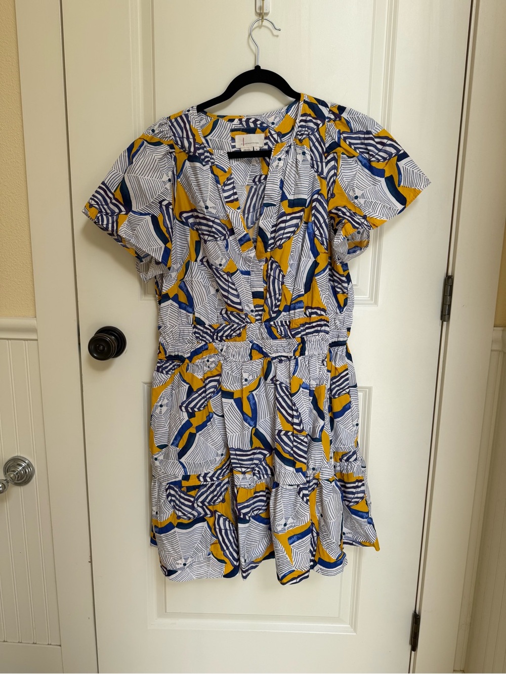 Anthropologie Blue and Yellow Printed Mini Dress